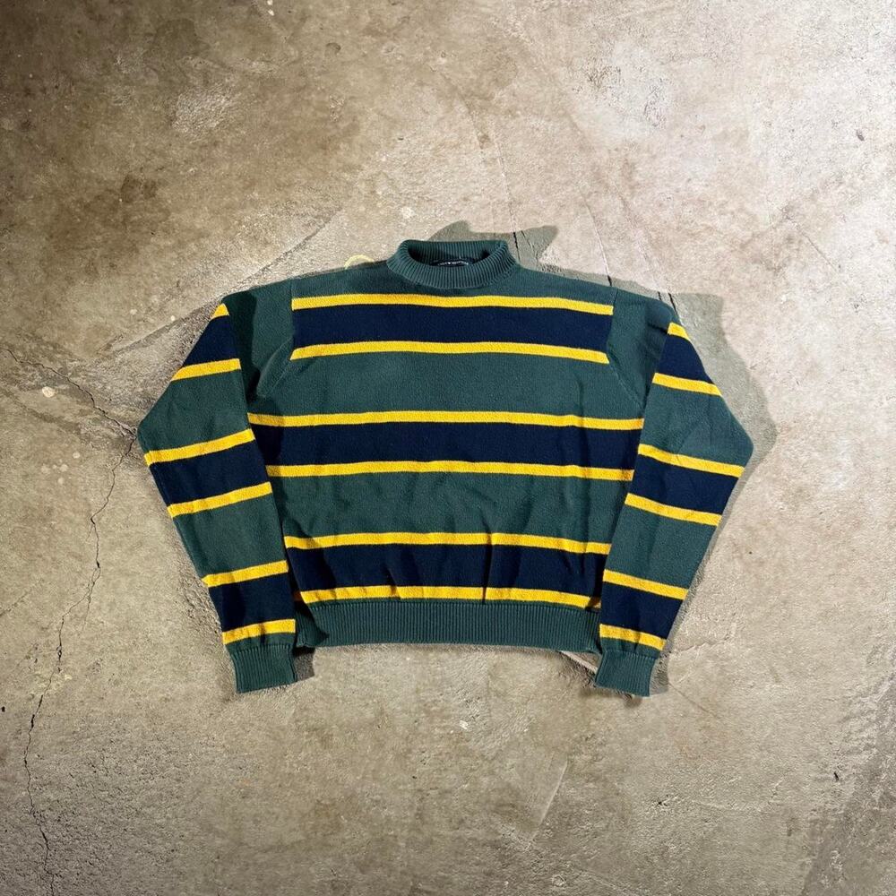 Brandy Melville Green and Navy Striped Sweater with Yellow Stripes